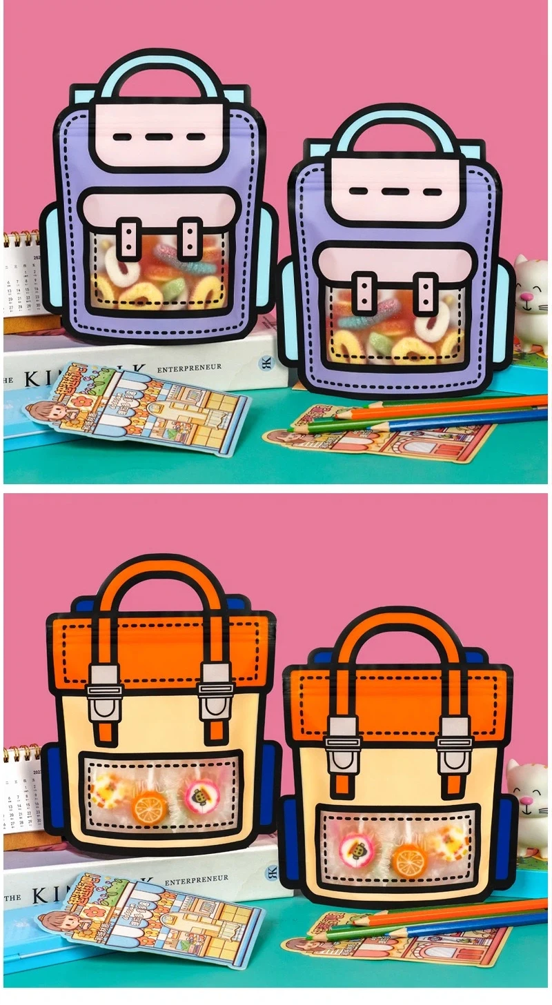 10-50 Stück Cartoon-Snackbeutel mit Selbstverschluss in Schulranzenform für Kekse und Süßigkeiten, Geschenkverpackung für Kindertag und Kindergeburtstag – Detail 4
