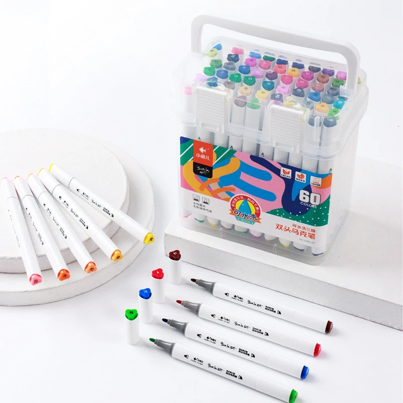 12,24,36,48,60 Colors Art Markers Set, Portable Double-Ended  Drawing Design Painting Markers Pen,Triangle Barrel Large Capacity