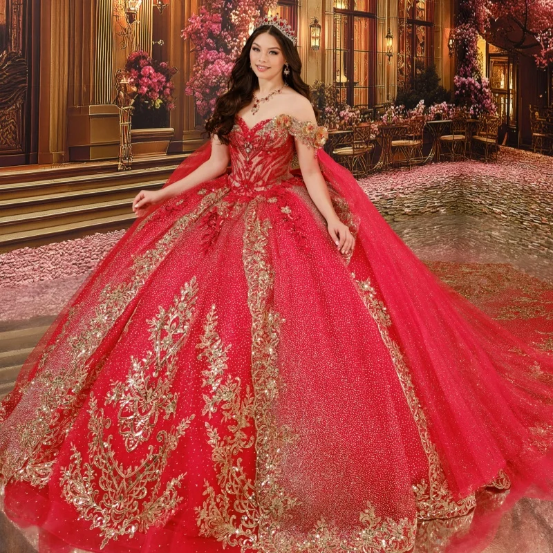 Red Glitter Quinceanera Dresses Off Shoulder Ball Gown Sweet 16 Dress Gold Applique Beads Bow Tull Corset Party Birthday Vestido