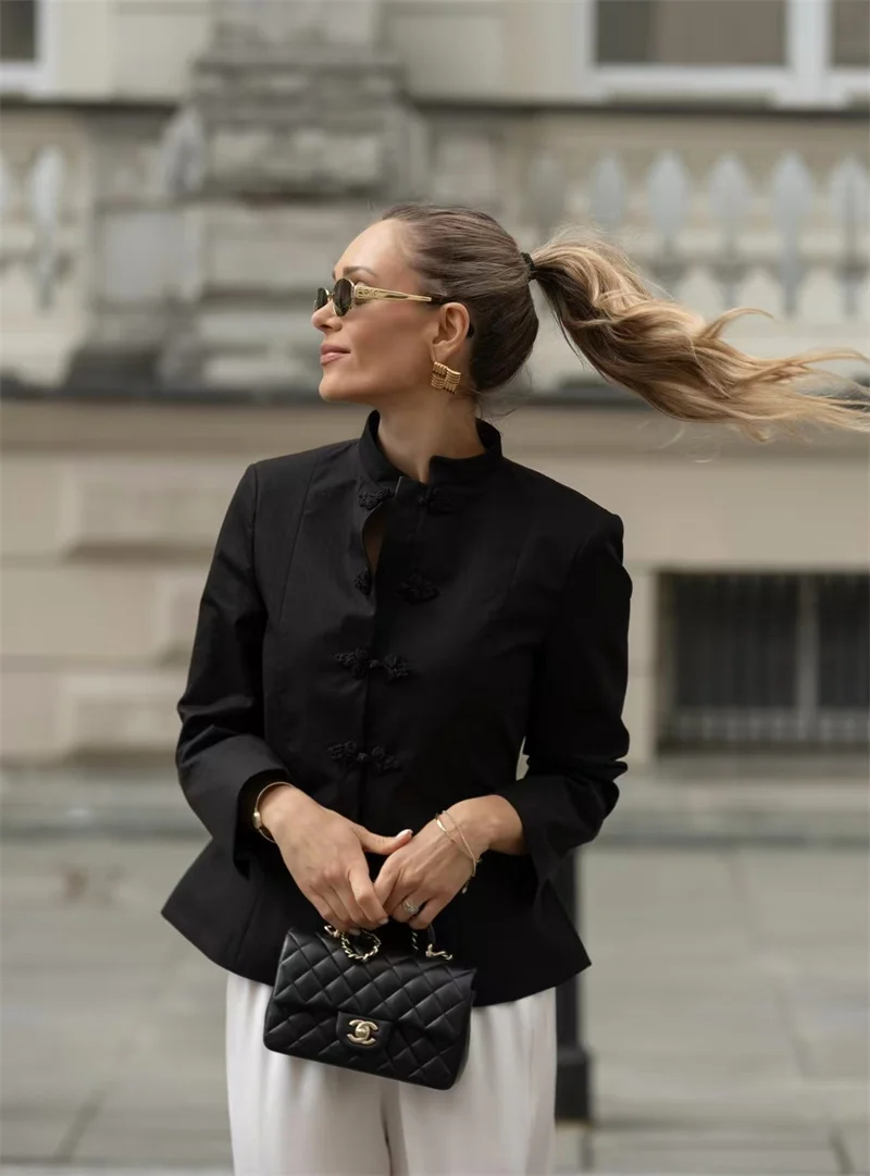 Guobioziy 2026 Fall New Women's Jacket Black Long-Sleeve Stand Collar Blazer with Main Button Decoration Elegant and Stylish