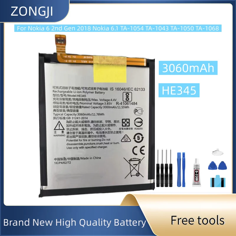 New Battery HE345 3060mAh For Nokia 6 2nd Gen 2018 Nokia 6.1 TA-1054 TA-1043 TA-1050 TA-1068 Battery + Free Tools
