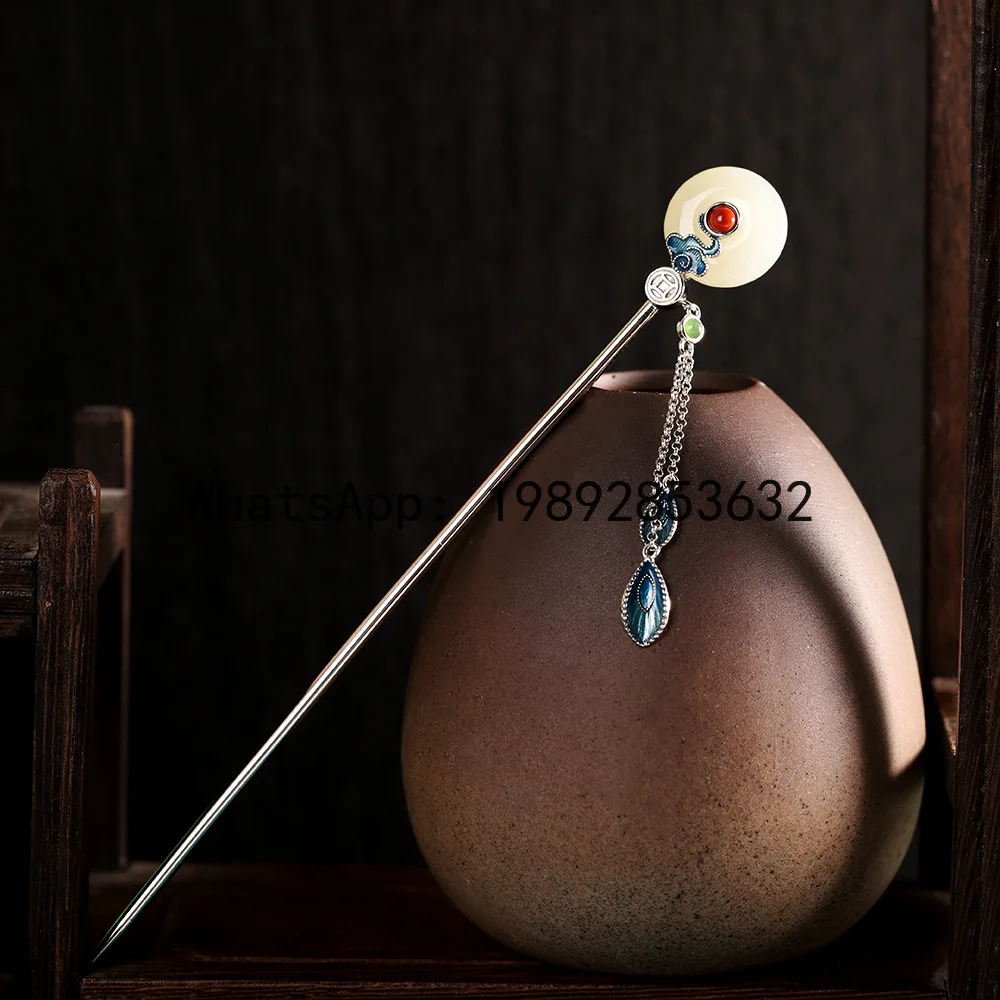 FS6Silver S925 Silver Burned Blue Hotan Jade Hairpin Xiangyun Ethnic Romance Miss Su Pan Hairpin