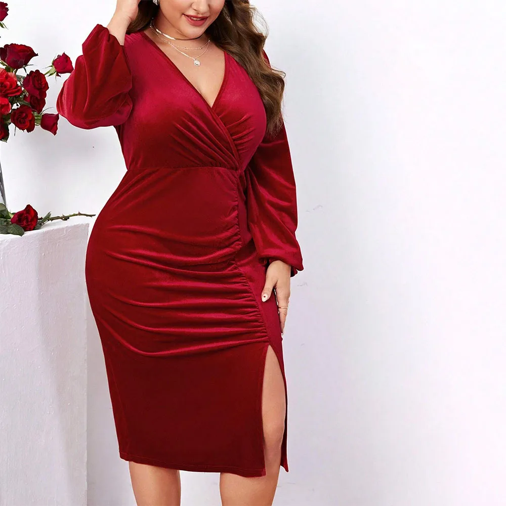 Plus Size Women Elegant Dress 2023 Winter Sexy V-neck Split Long Sleeve Velvet Dress Fashion Casual Solid Color Party Dresses