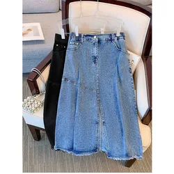 150Kg Plus Size Women's Hip 150 High Waist Split Denim Skirt Summer Loose Hong Kong Style Skirt Black Blue 5XL 6XL 7XL 8XL 9XL