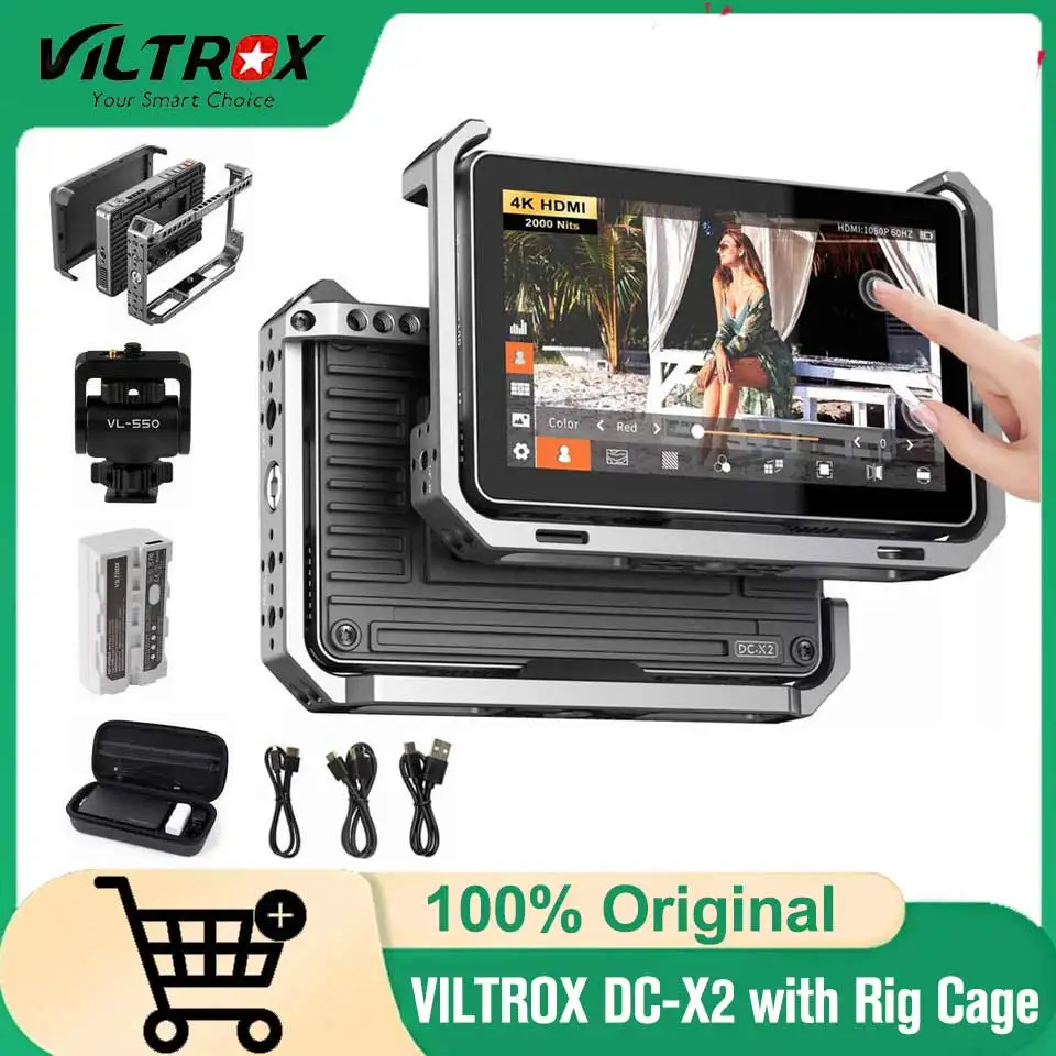

VILTROX DC-X2 с клеткой для установки, 6 дюймов, 2000 нит, сенсорный экран 4K, профессиональный фотографический монитор с камерой HD FHD для видео