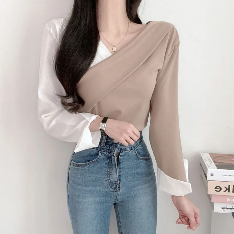 Women Blouse Panelled Vintage Temper Irregular Tops Casual Office Lady Ulzzang Fashion Spring Blusas De Mujer Daily Classic Chic