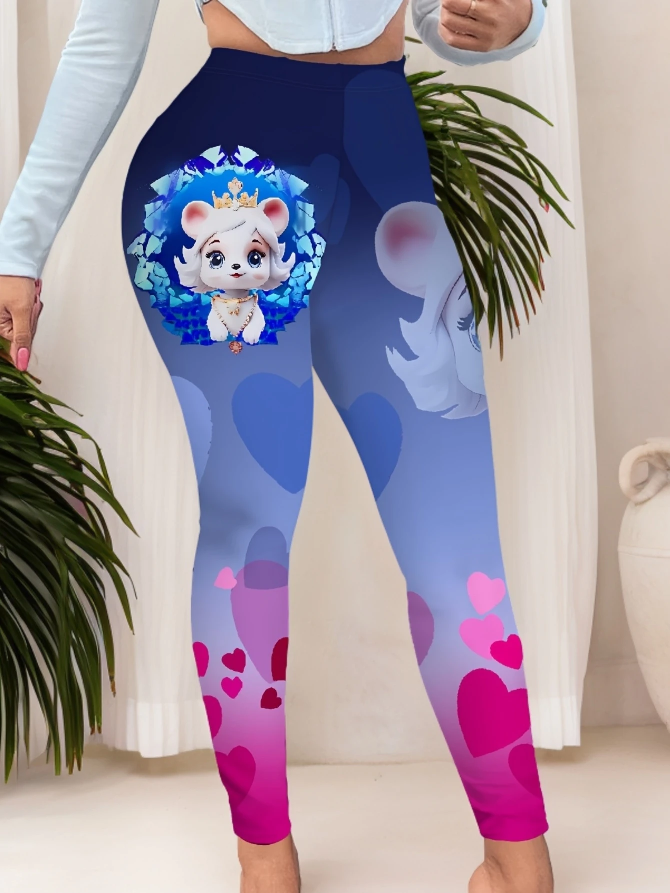 Women Mid‑Rise Fleece Lined Leggings Cute Cartoon Bear Heart Gradient Print Warm Elastic Casual Pants