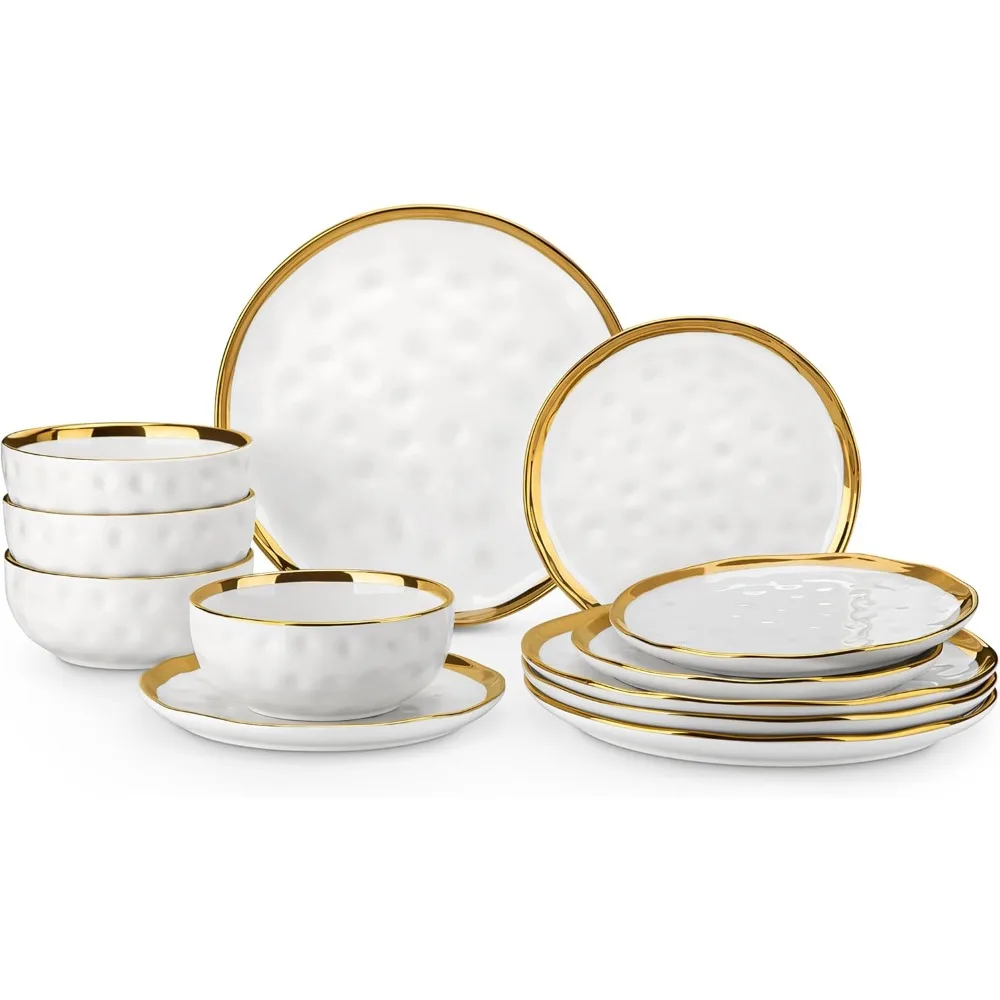 12 Pieces Plates and Bowls Sets, Porcelain White and Gold Dinnerware Sets, Round Dinner Plates