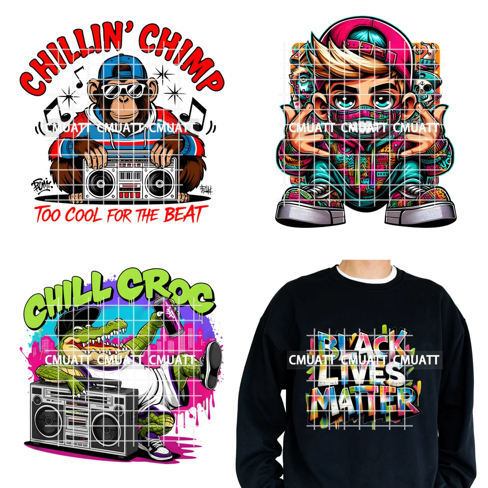 

12-дюймовая уличная одежда Chill, мужские граффити, хип-хоп, музыка, городская игра с животными, железные наклейки для передачи DTF, готовые к наклейки для толстовок