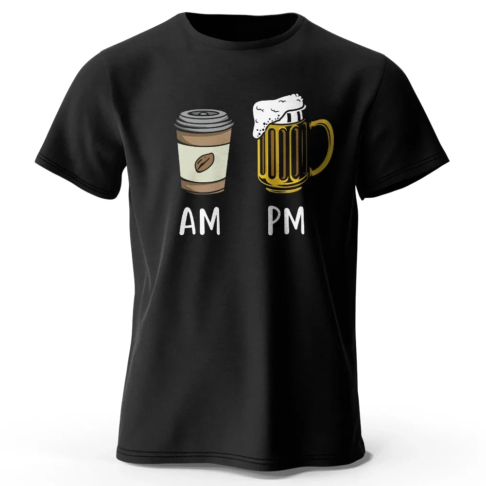 Men's short-sleeved 100% cotton T-shirt with night drinking and morning coffee pattern, loose fit T-shirt