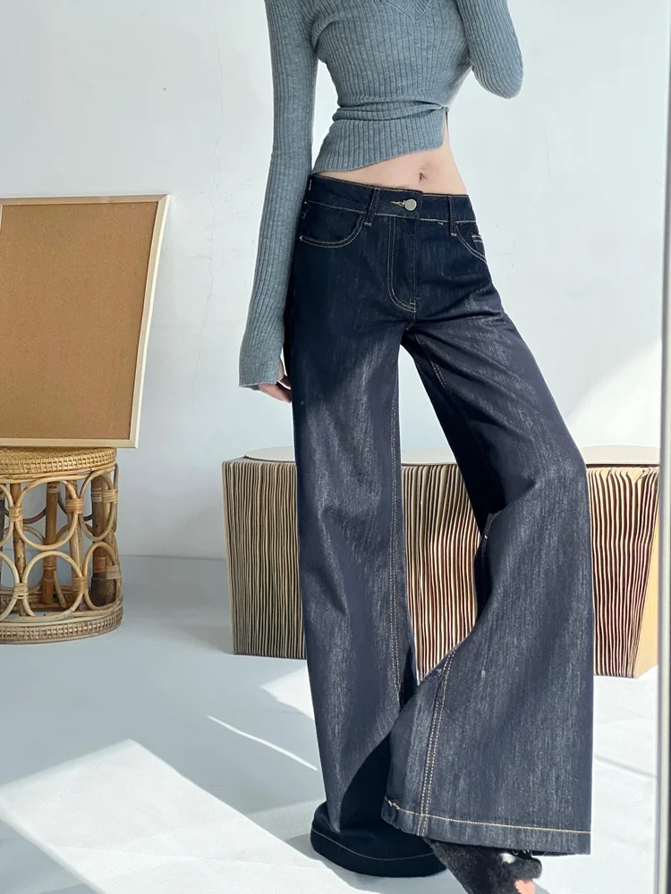 Calça jeans feminina solta, cintura baixa, perna larga, vintage, azul profundo, drapeada, motonável, sino bot