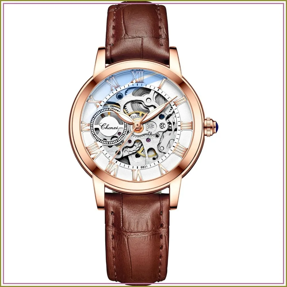 Automatic Skeleton Watch for Women - Mechanical Self-Winding with Leather Strap, Gold Bracelet