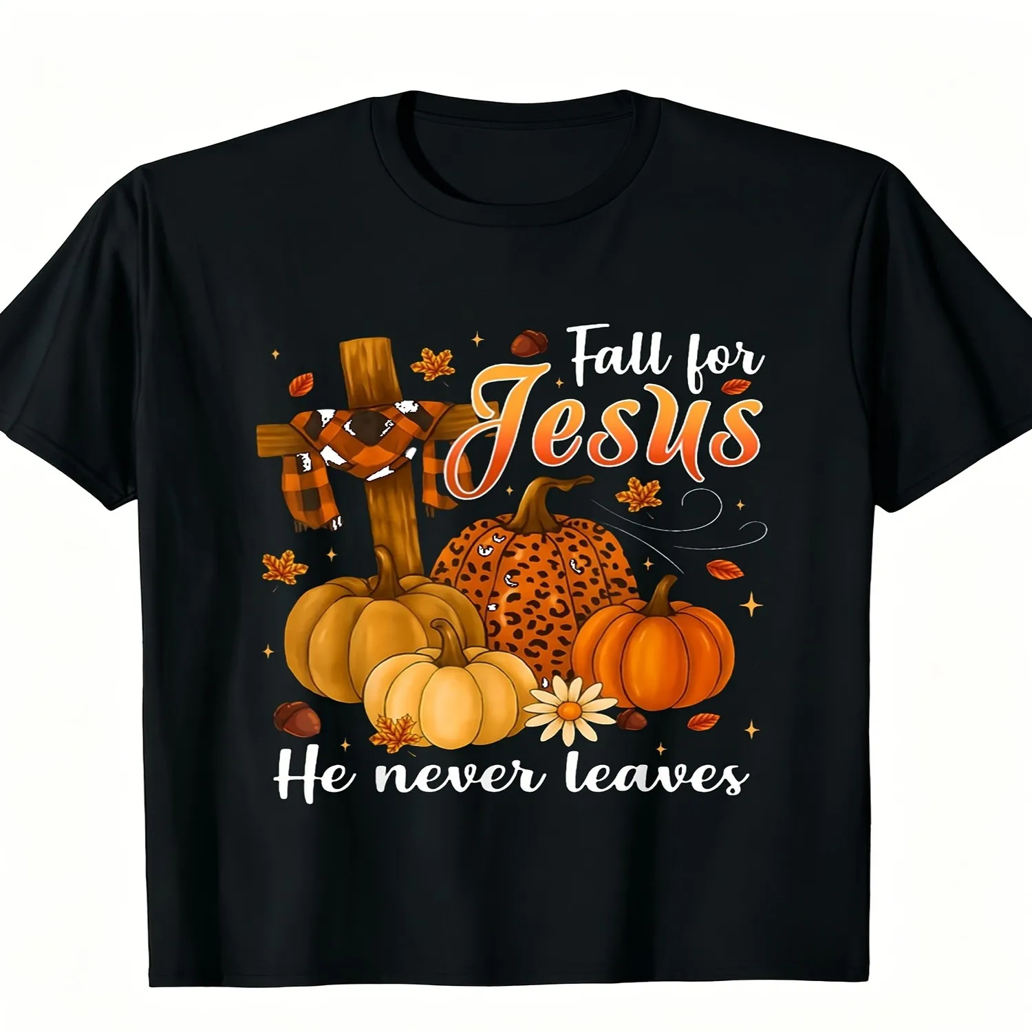 Fall for Jesus He Never Leaves Leaves Autumn Christian Unisex TShirt Casual Crew Neck Tee Regular Fit with Short Sleeves for Fall Halloween All Seasons Tee Perfect Gift for Men UnisexRetro Casual Unisex T Shirt Gift For Her
