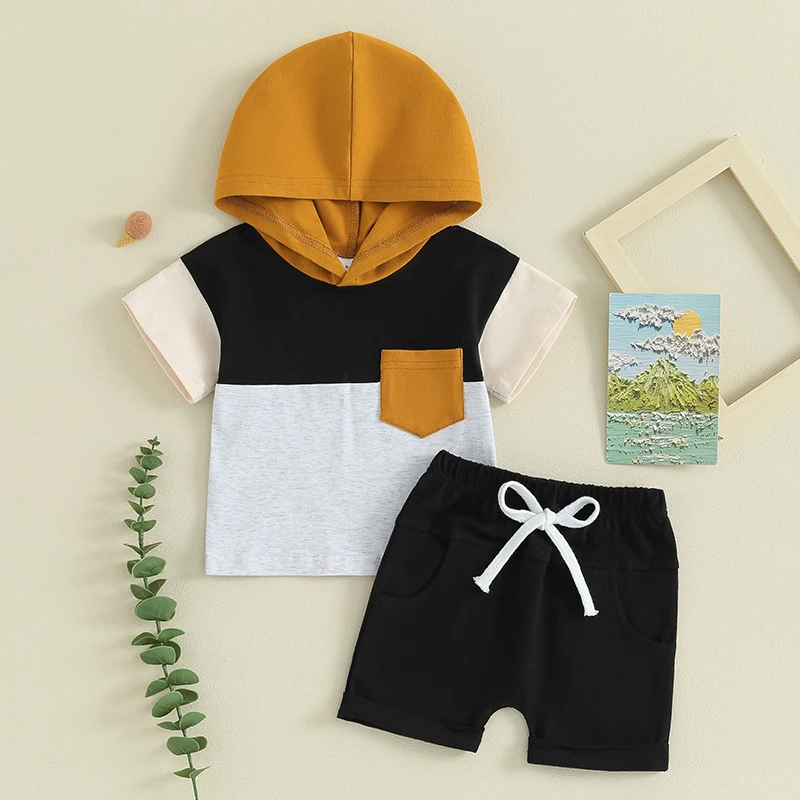 Toddler Baby Boy Summer Outfits Color Block Short Sleeve Hooded T-Shirt Tops and Shorts Set 2Pcs Casual Clothes