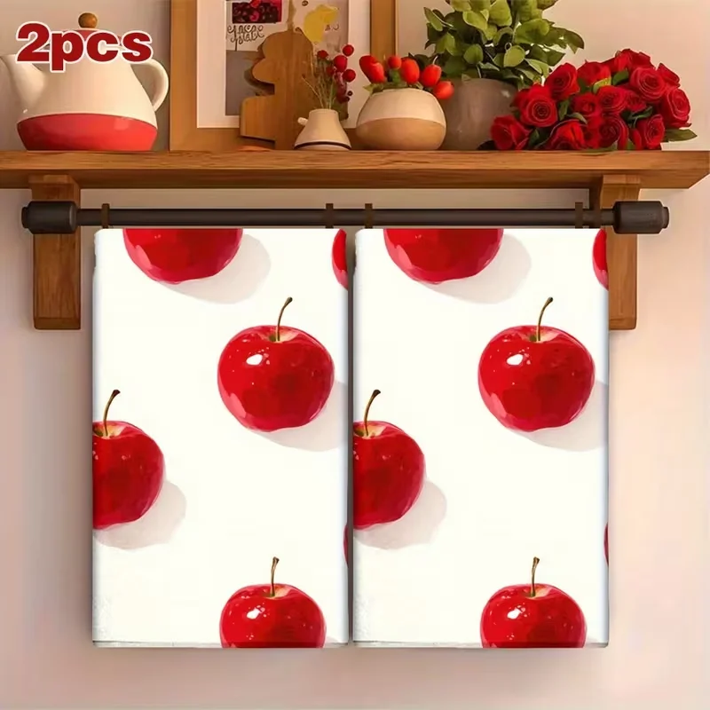 2-Pack Red Apple Pattern Dishcloths - Reusable, Washable, Super Absorbent Kitchen Cleaning Towels, Suitable for Home and Rv Use