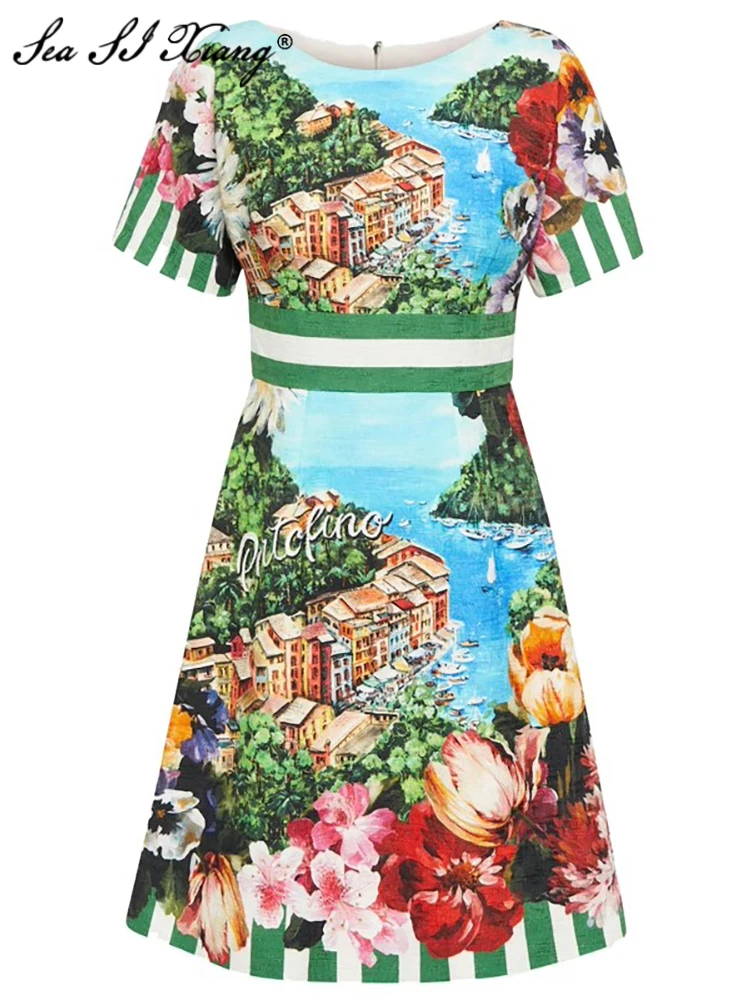 

Seasixiang Fashion Designer Early Autumn Dress Women O-Neck Short Sleeve Coastal City Print Vintage Dresses