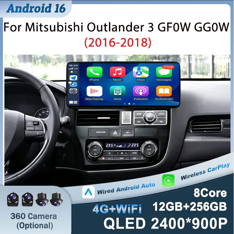For Mitsubishi Outlander 3 GF0W GG0W  2016 - 2018 Car Radio GPS Navigation 12.3 inch Android 16 (OS) Wireless CarPlay WiFi QLED