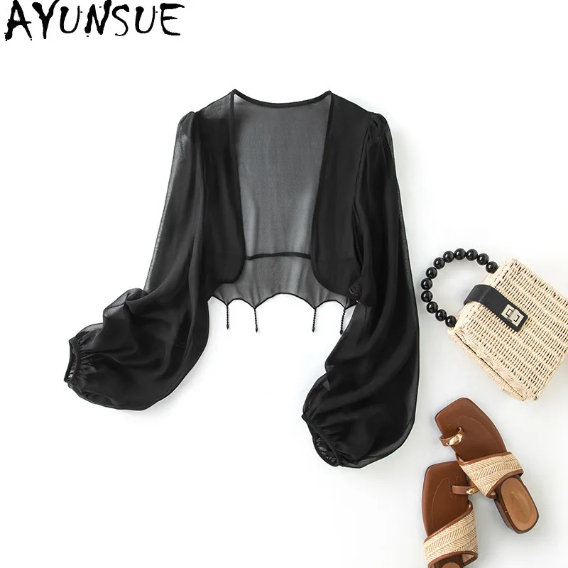 

AYUNSUE 100% шелковые топы для женщин, стильные топы с длинными рукавами, весенние топы в стиле ретро, высококачественные топы для выхода в свет, женская одежда Ropa Mujer