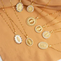 Oval round plaque inlaid with zircon religious pendant for women's party stainless steel Virgin Mary jewelry gift necklace