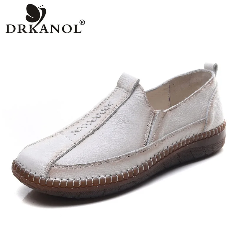 

DRKANOL Genuine Leather Flat Shoes Women Soft Sole Slip On Loafers Spring Autumn Handmade Sewing Casual Single Shoes Footwear