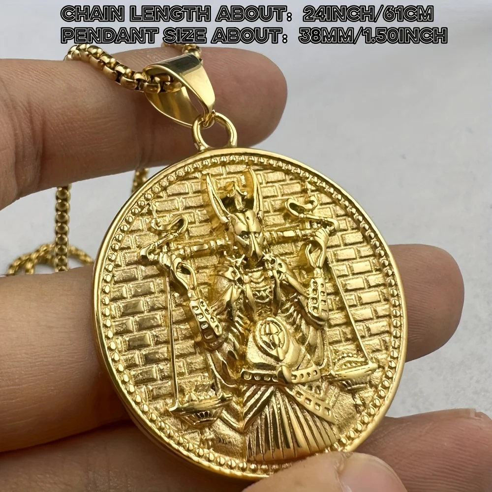 Anubis Judgment Scales Round Pendant Necklace, Ancient Egypt Hieroglyphs Relief Ankh Cross 316 Stainless Steel Jewelry Accessory