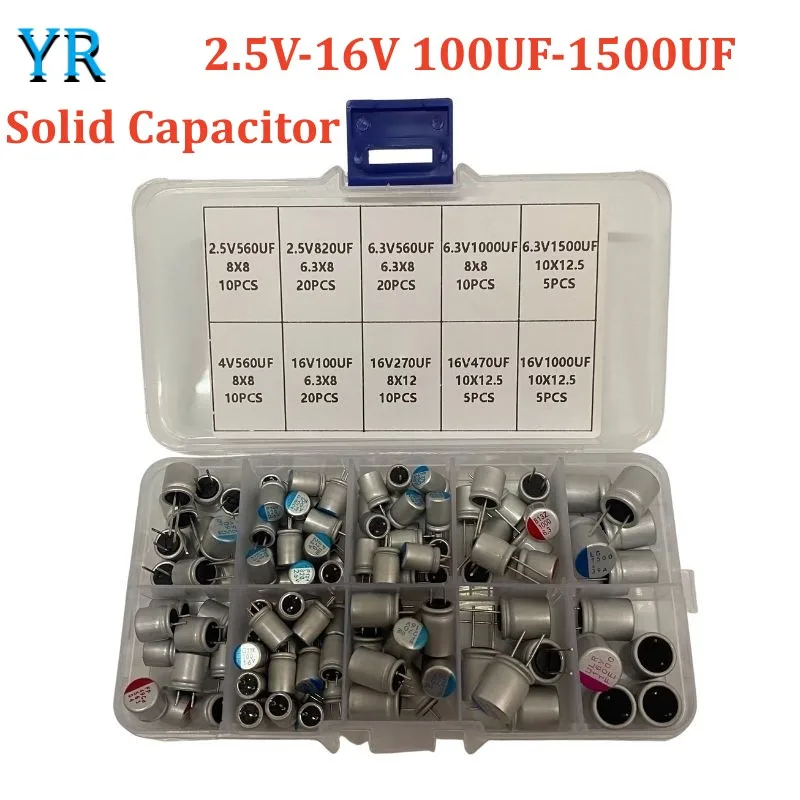 115PCS 10Values Solid Electrolytic Capacitor Super Low ESR 2.5V 4V 6.3V 16V  100UF 270UF 470UF 560UF 820UF 1000UF 1500UF