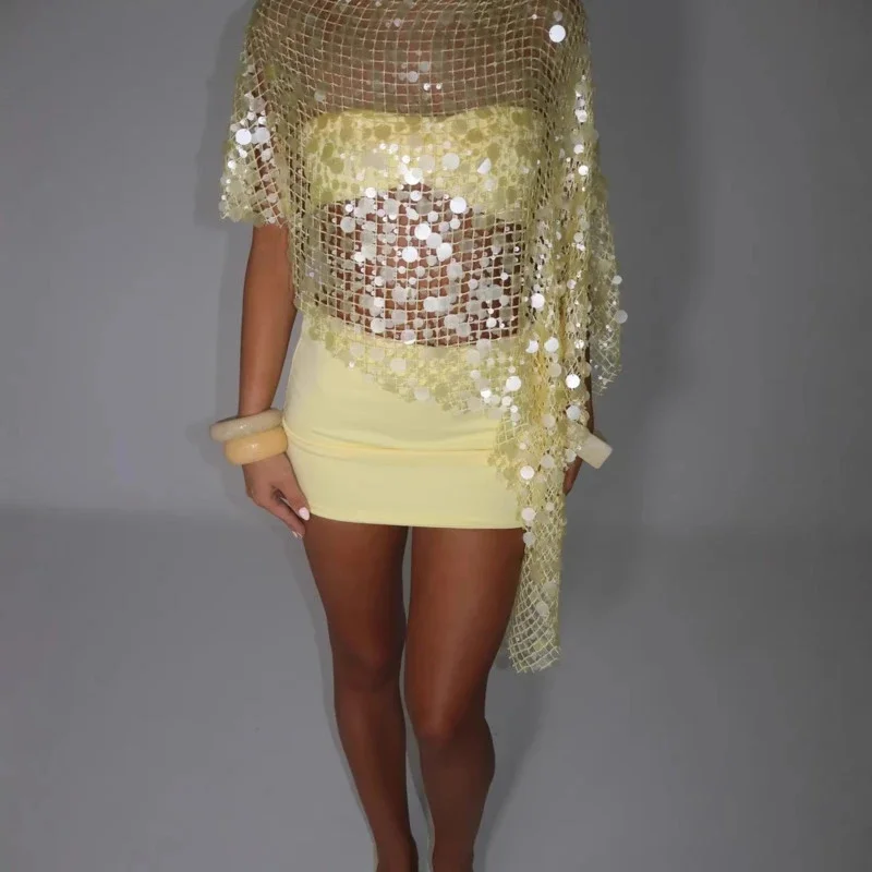 Sequin Asymmetric Mesh Three Piece, Dress Set Women Yellow Crop, Top Mini Skirt Sheer Shawl, Summer Party Club Outfit Beachwear