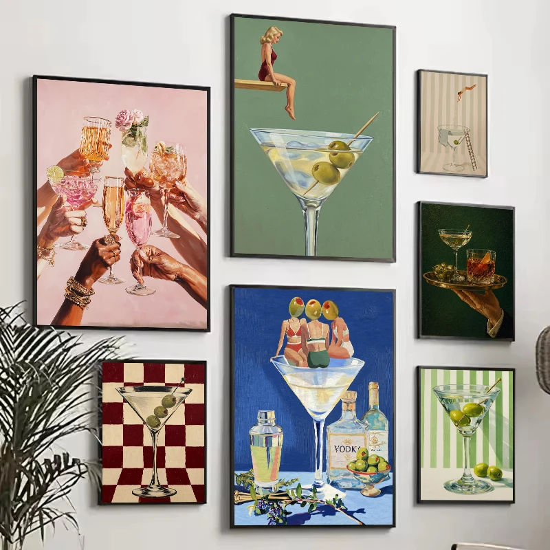 Vintage Dirty Martini Swimming Pool Olive Retro Kitchen Cocktail Toast Poster Canvas Painting Wall Art Pictures Home Decor