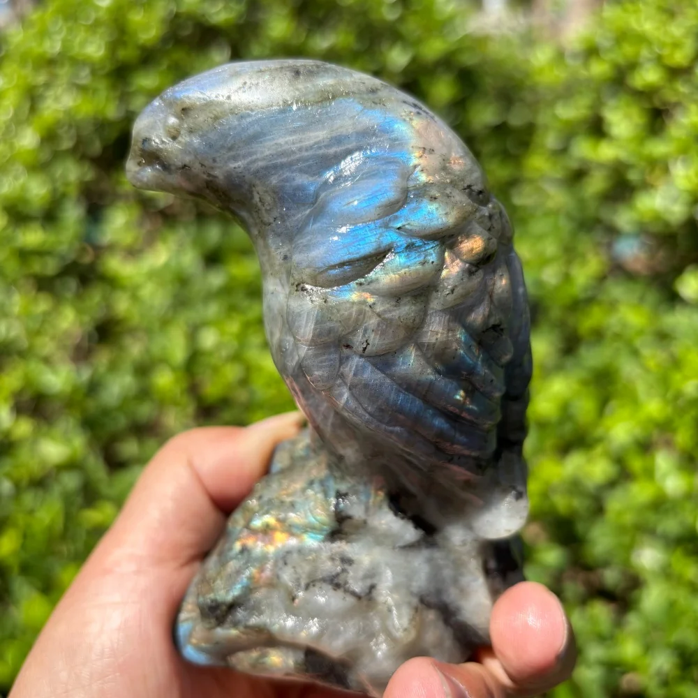 Natural Labradorite Eagle Crystal Carving Hand Polished Stone Figurine Blue Flash Labradorite Home Decor Ornament Gift
