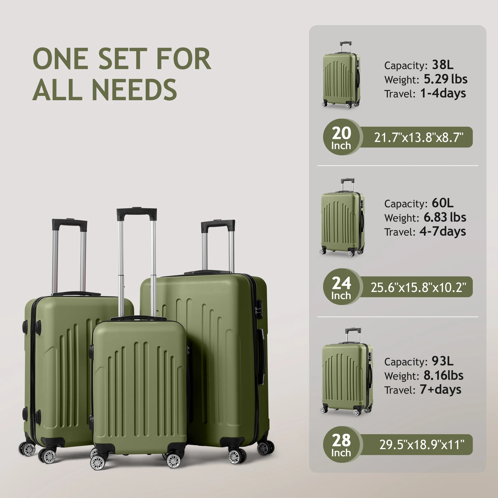 Curved Vertical Stripe 3-in-1 Trolley Case - Gray-green