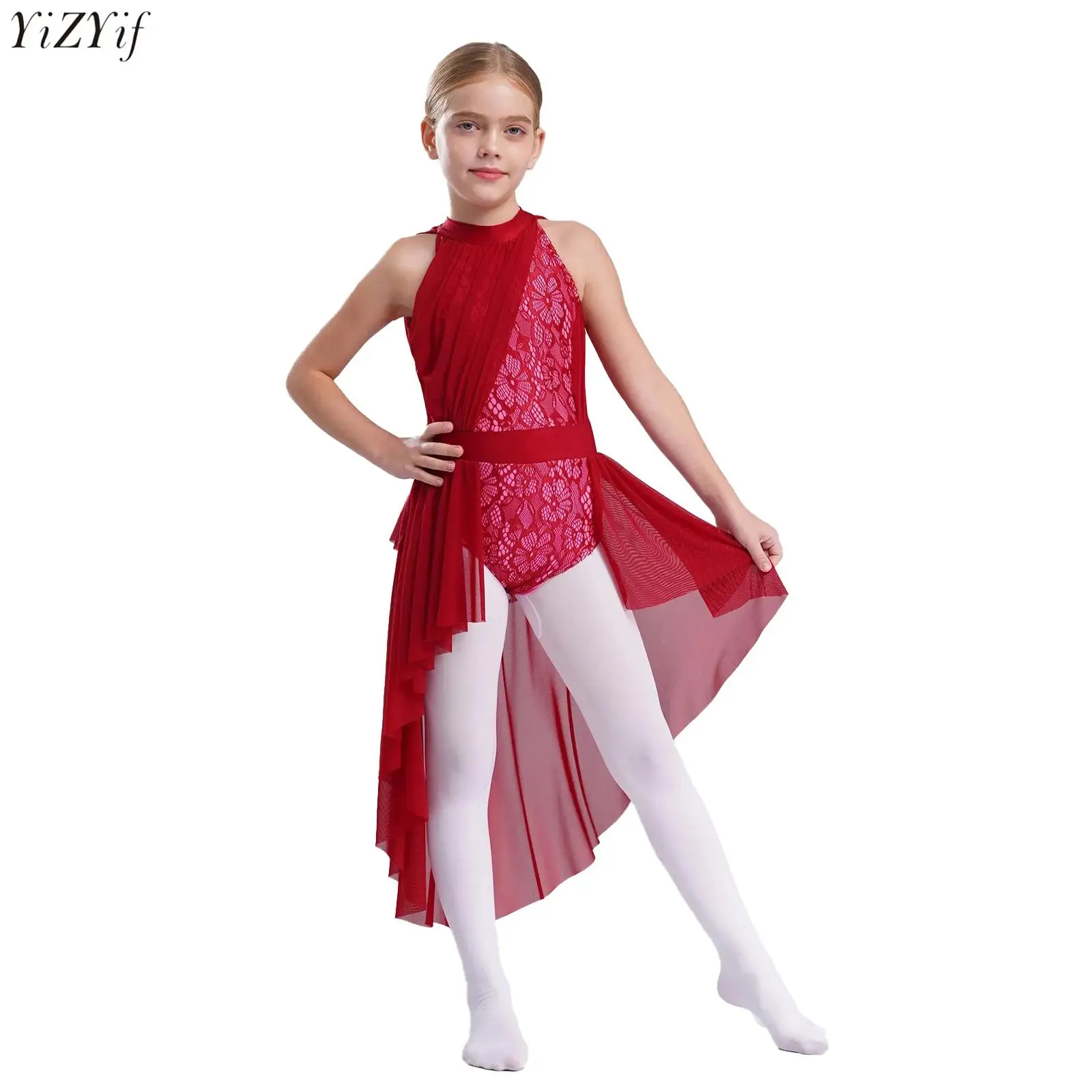 

Kids Girls Lace Flower Lyrical Dance Dress Sleeveless Cutout Hollow Out Mesh Overlay Skirted Leotard Ballet Performance Costume