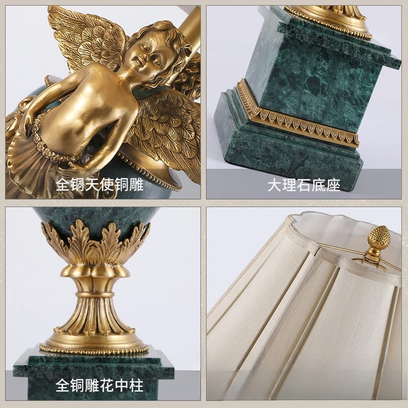 Lampada da comodino francese interamente in rame per camera da letto, atmosfera creativa del soggiorno calda, studio retrò Lampada in marmo per villa in stile europeo