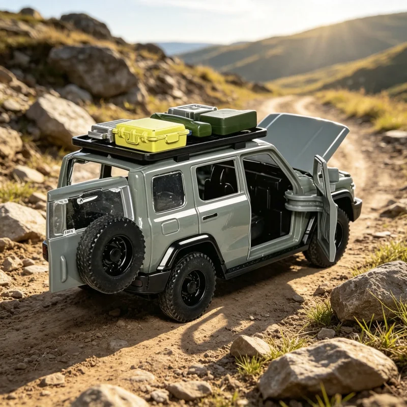 Off-road simulation die-casting SUV toy car, alloy pull back 4x4 vehicle with roof rack and luggage, collectible decoration gift