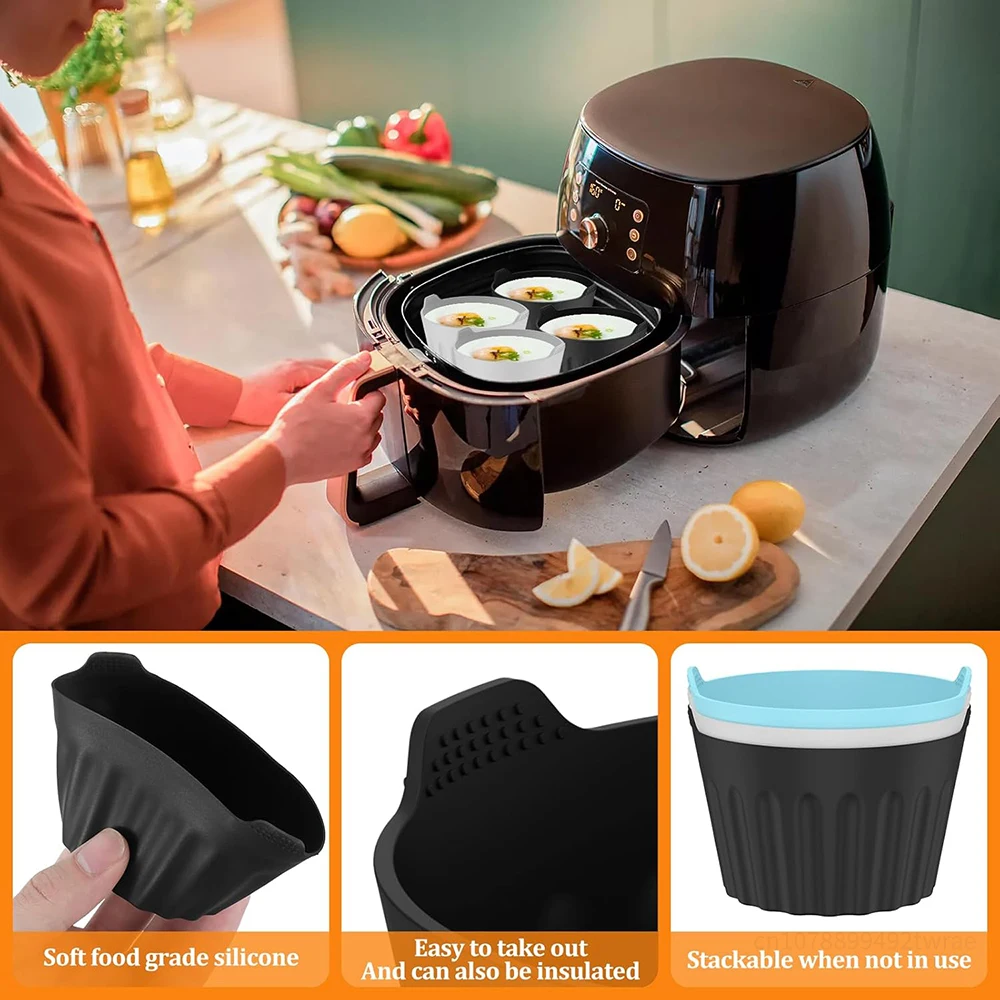 3Pcs Air Fryer Silicone Egg Tart Mold Non-Stick Round Silicone Reusable Silicone Cups Air Fryer Accessories Kitchen Supplies