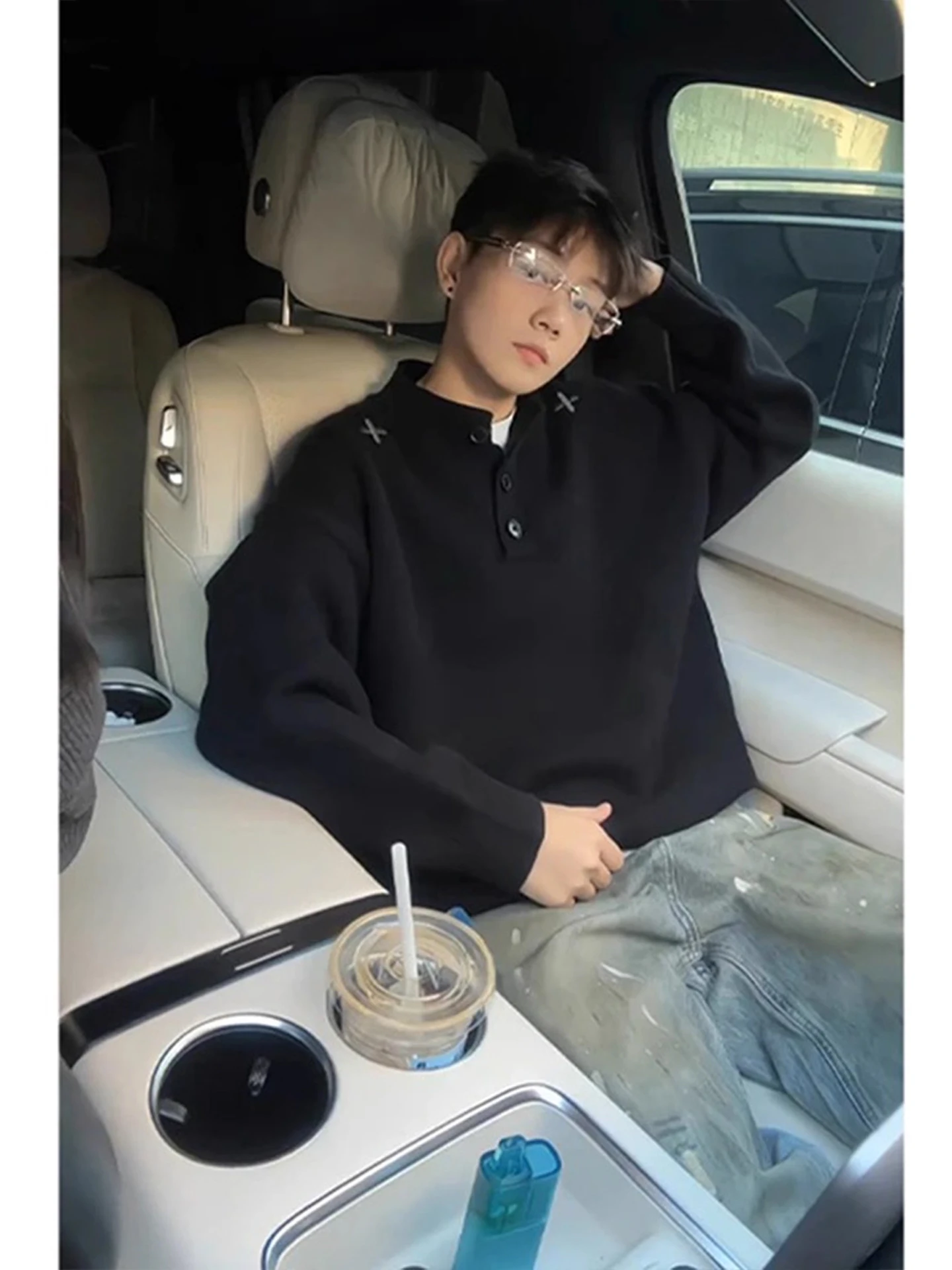 الرجال Bla Ne Knitwear الشتاء Thiened عارضة Sle الداخلية irt فضفاضة تناسب مريحة مادة لينة طويلة Sve #4