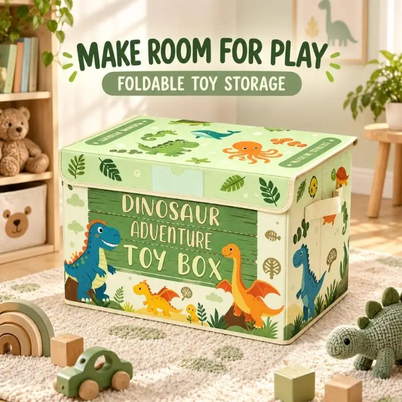 Colorful Animal-Print Toy Storage Box with Covered Interior, Fold-Away Bin for Children's Bedrooms, Playrooms, Living 37JD
