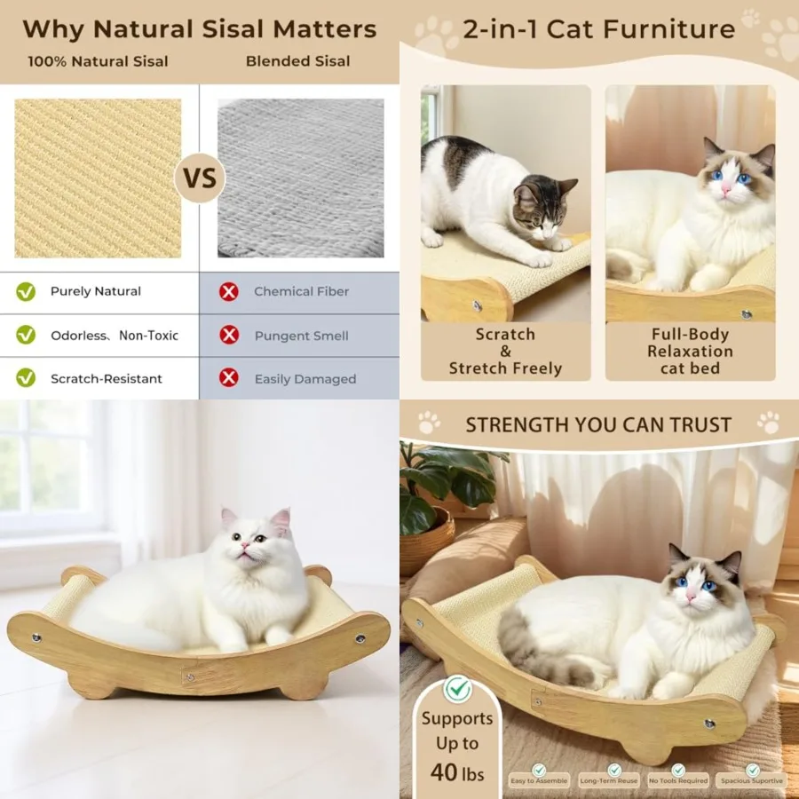 

2-в-1 когтеточка для кошек из натурального сизаля, кровать для домашних кошек, большой деревянный гамак, мебель для отдыха с каркасом из массива дуба, простая сборка