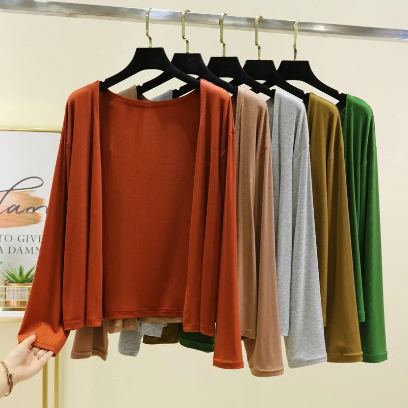 

Spring Autumn Thin Long Sleeve Knitted Shawl Jacket Women Loose Outerwear Sun Protection Pure Color Versatile Casual Simple O...