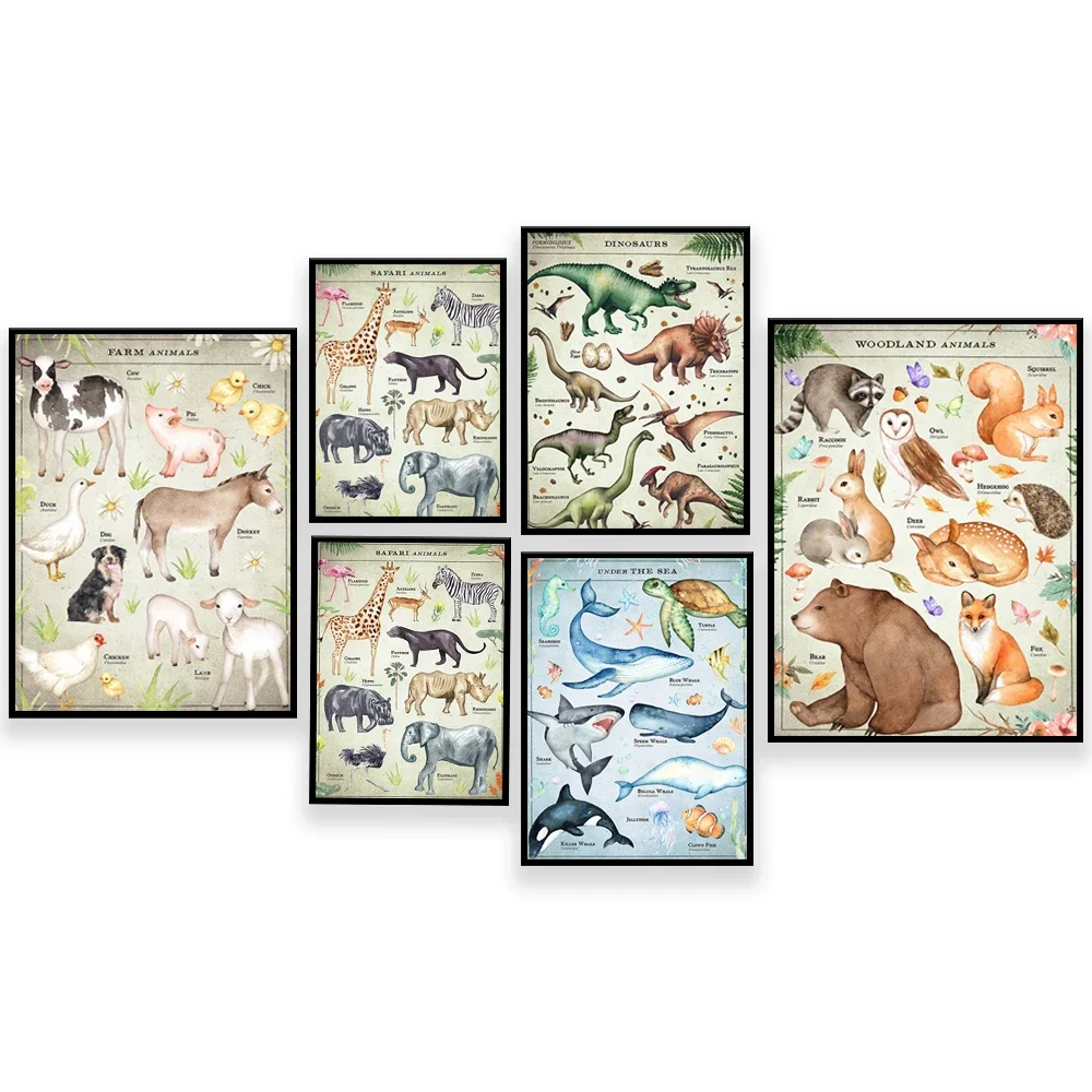 

Dinosaur prints, underwater ocean drawings, farm animals, woodland nursery prints, educational zoo gift decoration posters