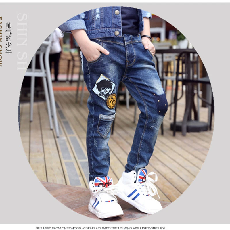 3-12 Years Spring Autumn Boys Jeans Slim Fit Style Cartoon Pattern Long Casual Trousers For Kids Children Handsome Pants