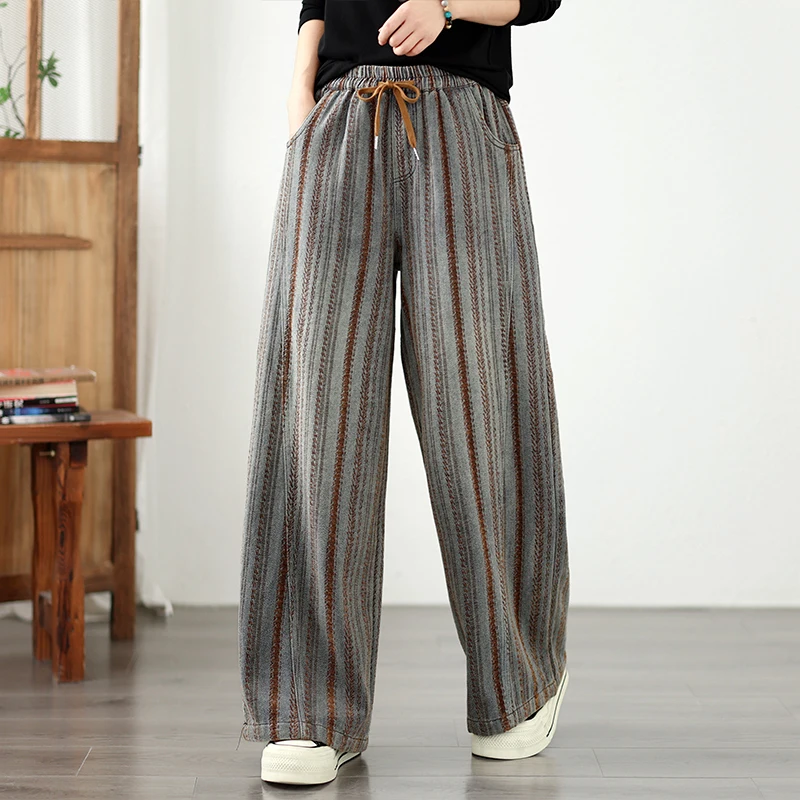 New plus Size Flocking Denim Wide Leg Pants Elastic Loose Slimming Casual Versatile High Waist Long Trousers Autumn Cotton Po...