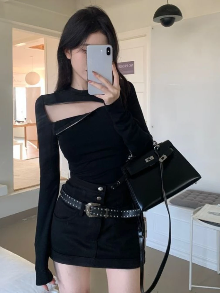 2024 Spring Grunge Hollow Out Zipper T-shirts Black Sexy Slim Fit Waist Tunic Streetwear Tops Women Y2k Aesthetic Harajuku Tees