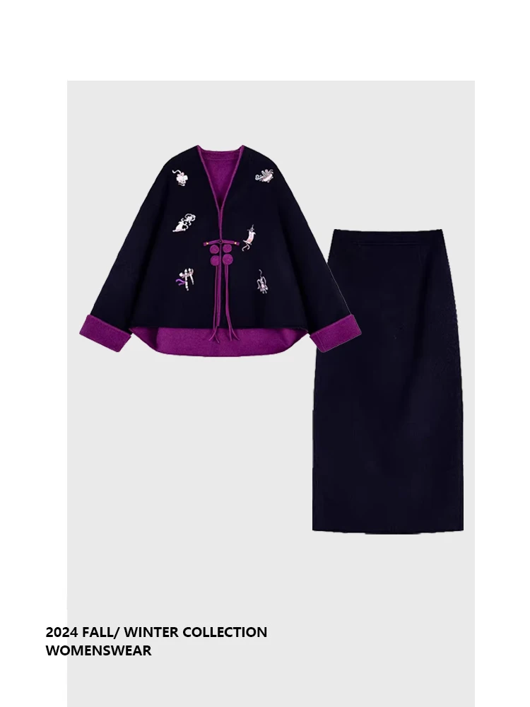 

Elegant Chinese Embroidered Woolen Coat And Midi Skirt Set by Forever 21 Oriental Ibis Straight Cut Silhouette Winter Fashion