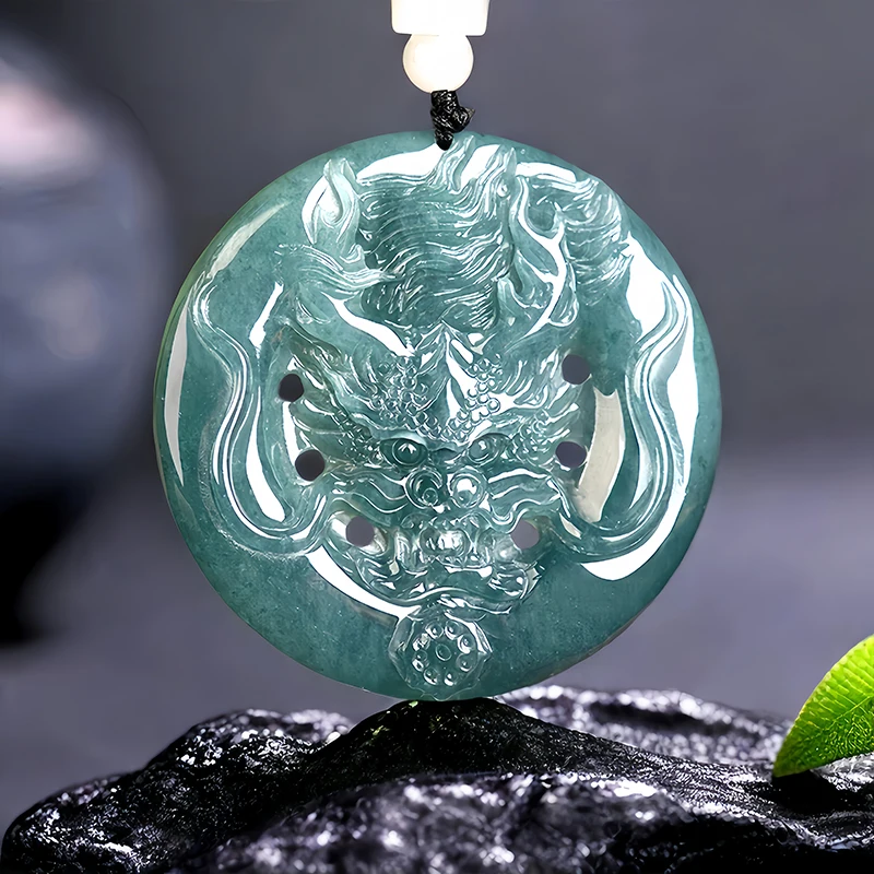 

Blue Myanmar Jade Dragon Pendant Necklace Man Carved Natural Burmese Jadeite Choker Real Jewelry Gemstone Men Charm Amulet