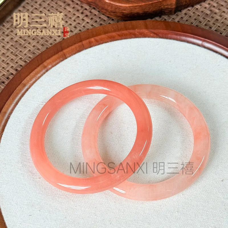 Natural pink peach blossom carved round jade bracelet, new Xinjiang red gold silk jade bracelet, flat dragon-patterned bracelet