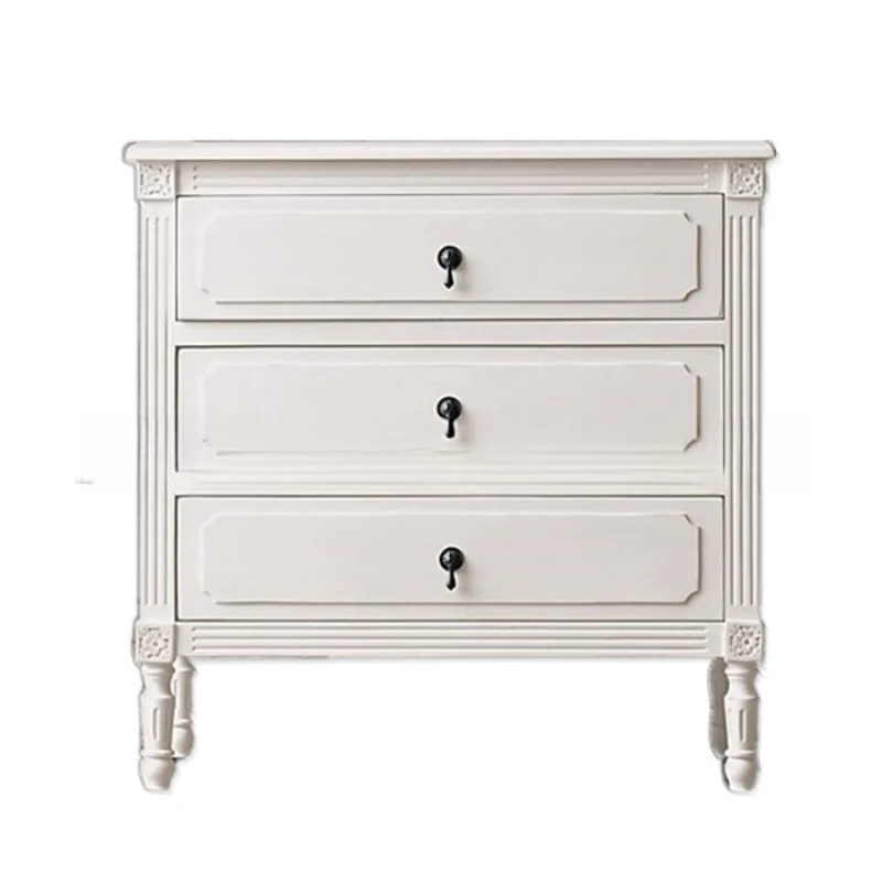 

American solid wood bedside table, simple bedroom log oak engraved three-drawer storage cabinet