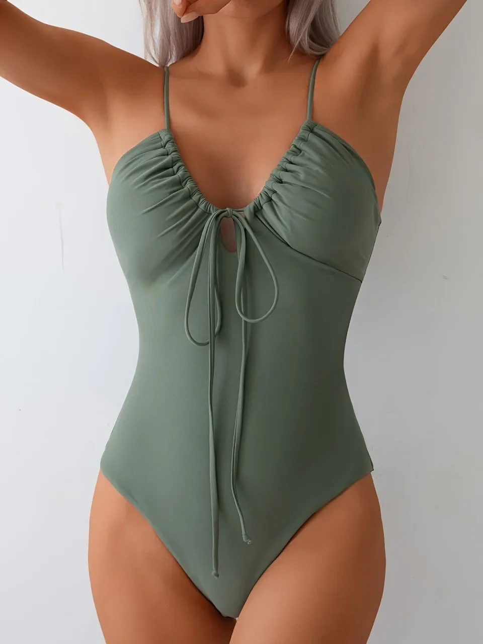 

2026 Sexy Slim Strappy Swimsuit One Piece Army Green Tie String Swimwear Female Bathers Bathing Swimming Suit Padded Beachwear