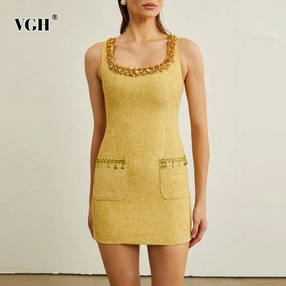 

VGH Elegant Spliced Button Solid Slimming Dresses For Women Square Collar Sleeveless High Waist Sexy Dress Female Fashion New