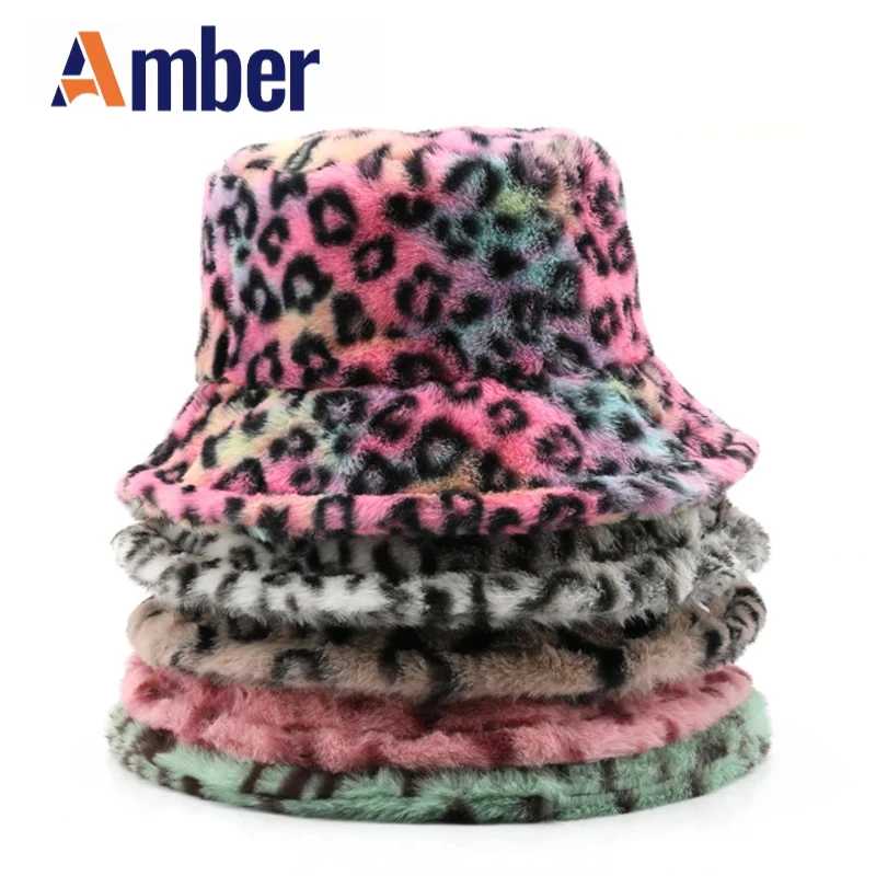 

Amber leopard print bucket hat colorful faux fur Panama fisherman hats fluffy warm winter plash velvet outdoor Bob cap Gorras