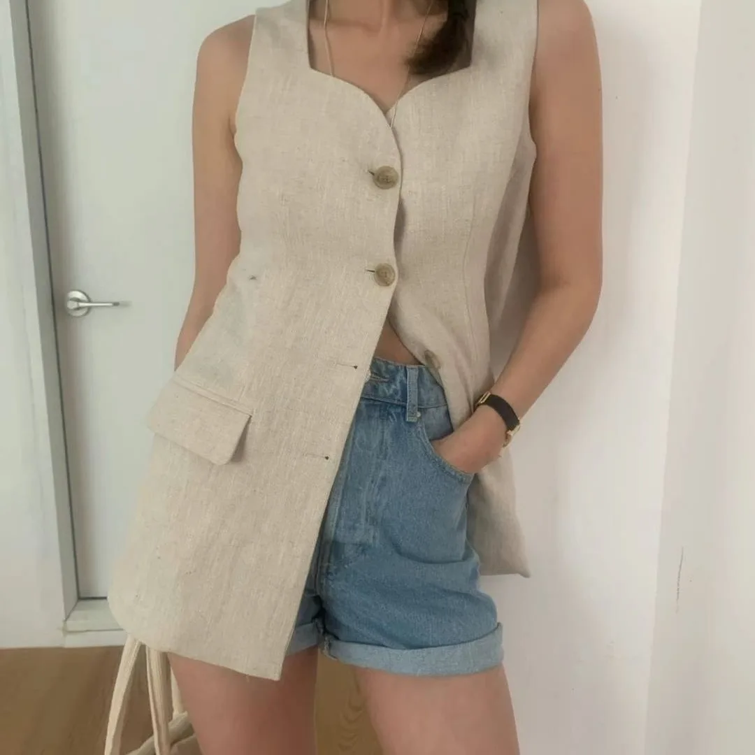 Nimo Home Commuter Style Square Collar Vest with  Elegant Atmosphere Polyester Fiber Cotton Single Button Closure